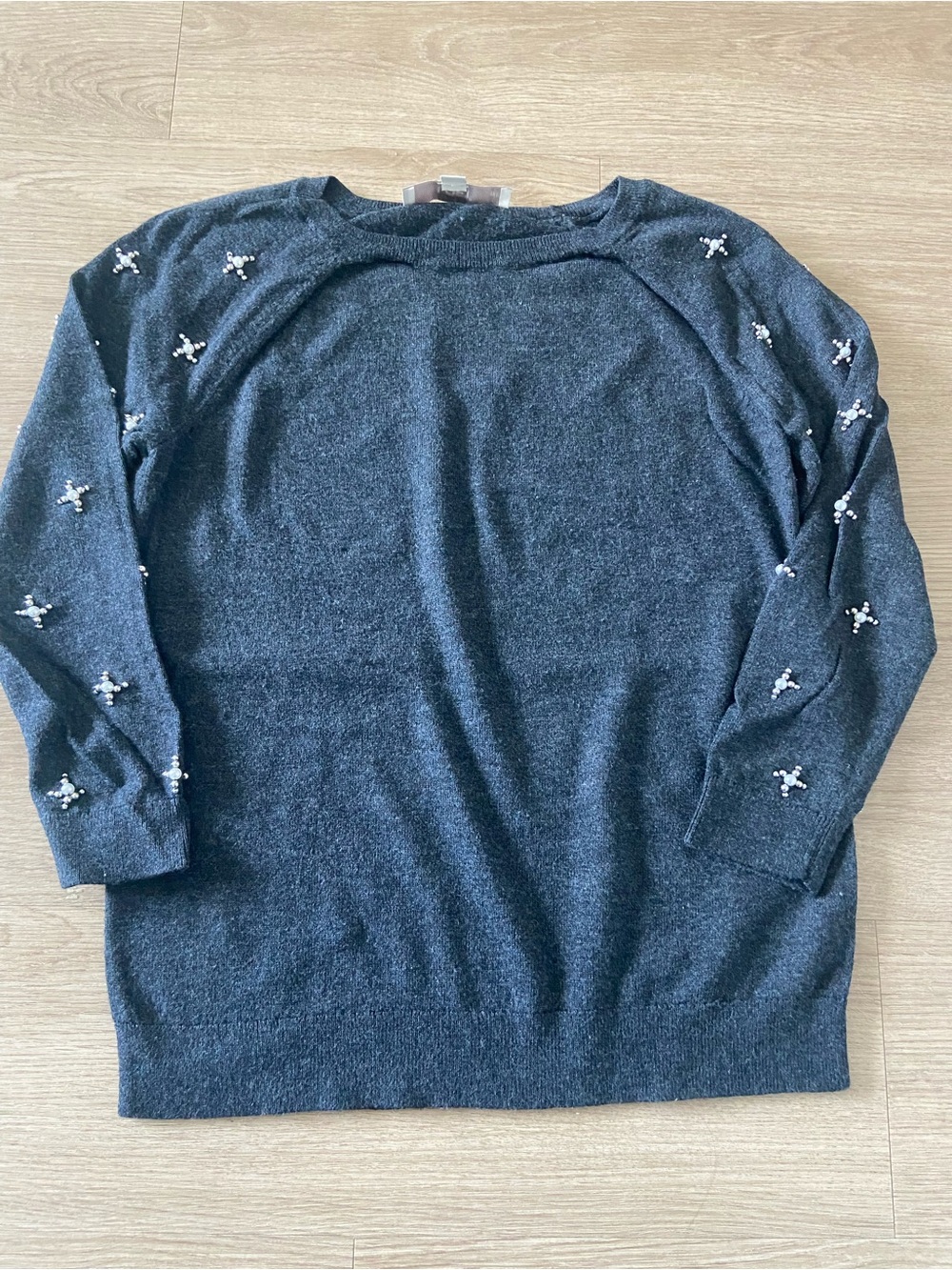 LOFT Dark Gray Crewneck Sweater with Pearl Embellishments